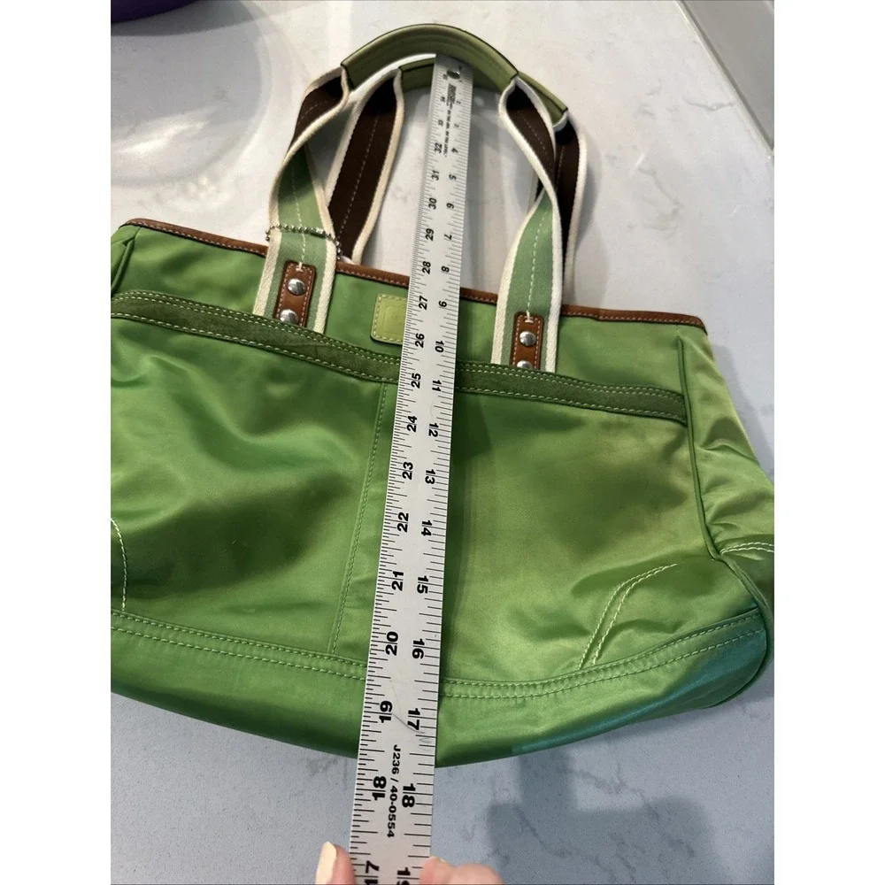 Coach Hampton Green Sateen Nylon Tote Bag Leather Trim Canvas Handles W Charm